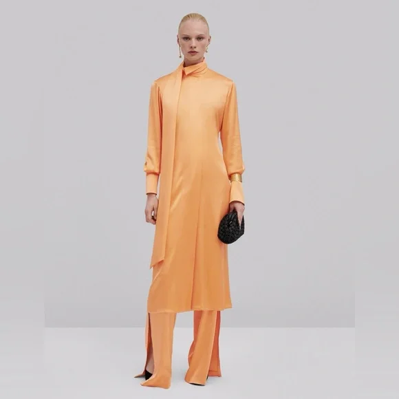 Massimo Dutti Studio Satin Orange Maxi Dress Tie Belt Neck M/L Limited Edition - Picture 13 of 17